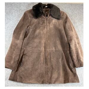 Liz Claiborne Womens Jacket Brown Suede Full Zip Faux Fur Collar Coat Large